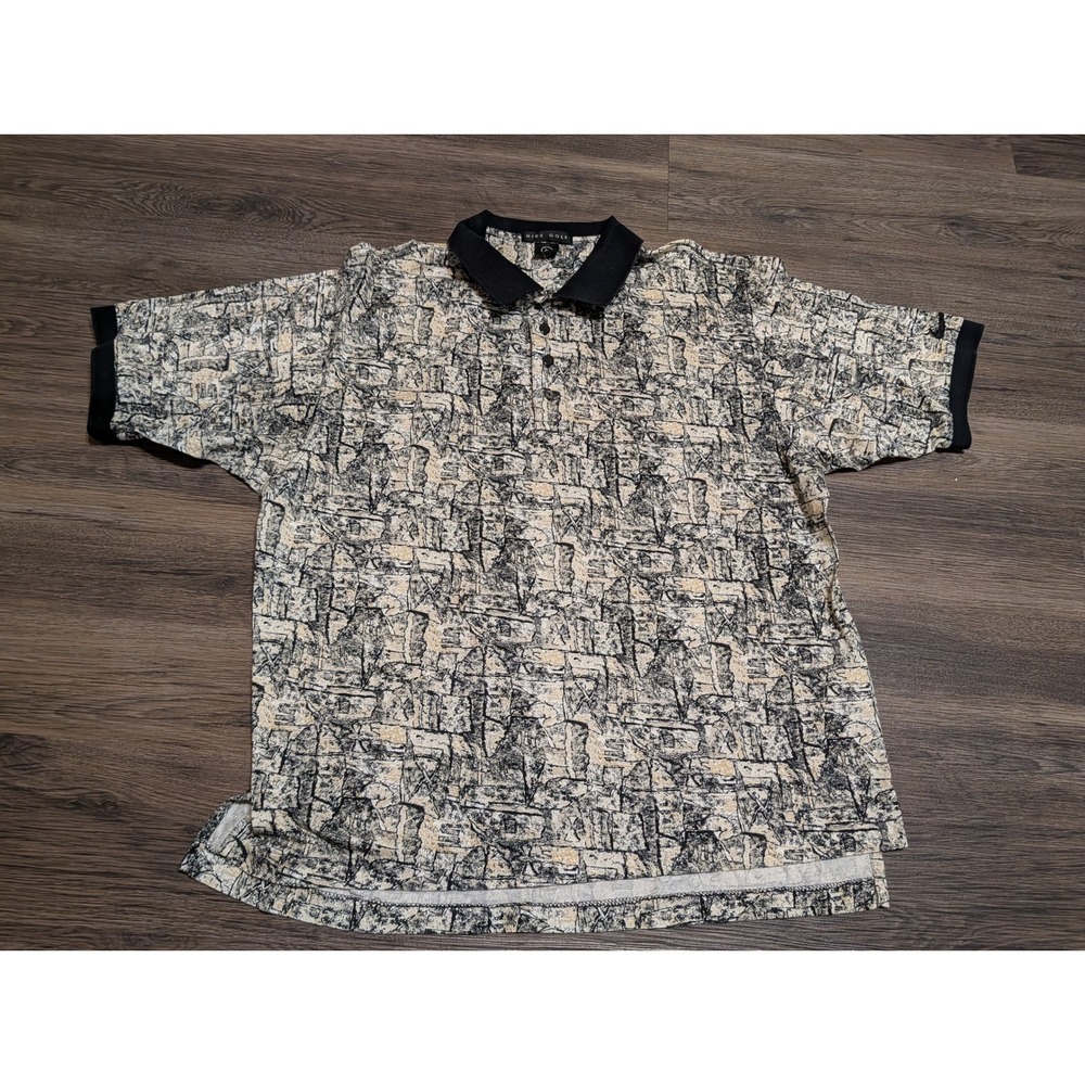 Nike Golf Abstract All Over Print Polo Shirt Mens L Beige Black Vintage 90s